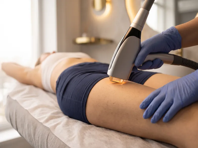 Laserbehandlung an der Bikinizone einer liegenden Kundin