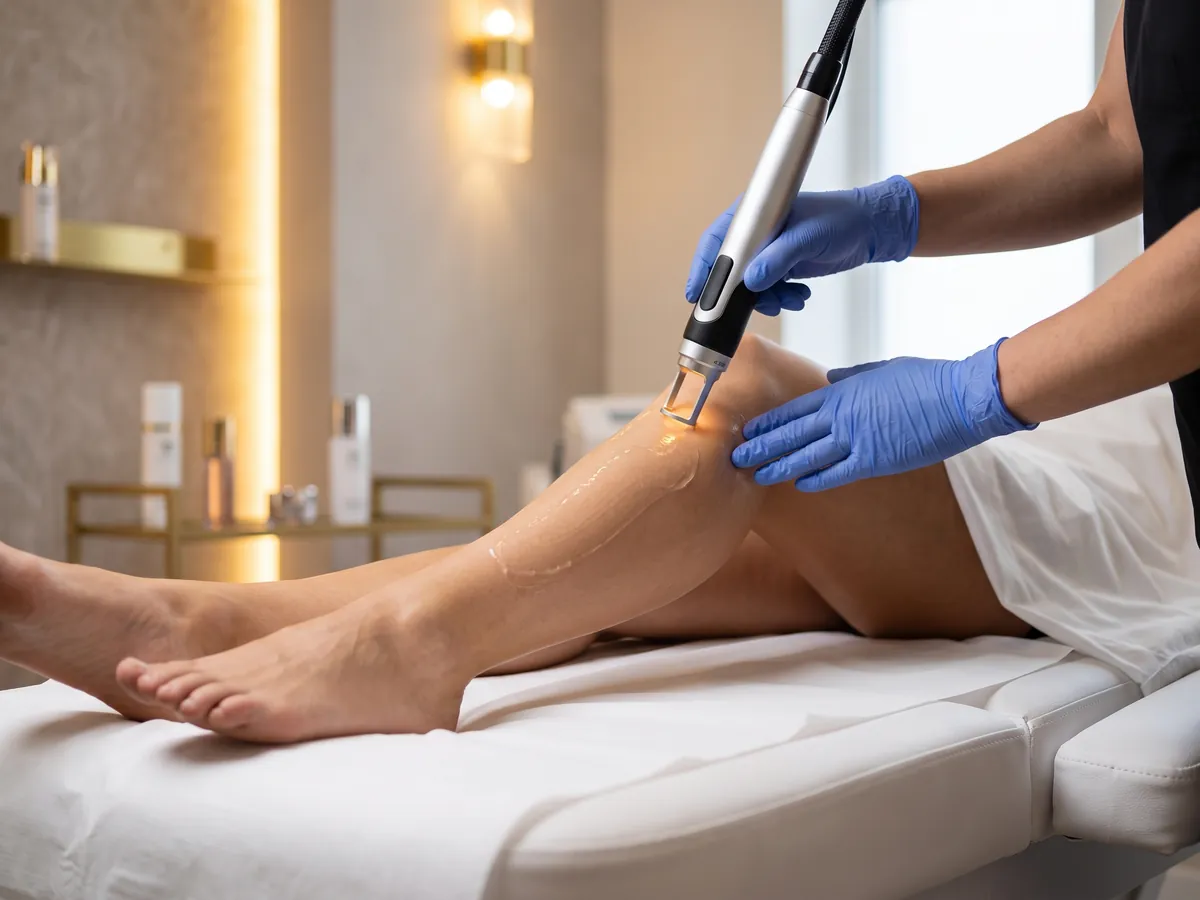 Diodenlaser-Behandlung am Bein mit Handstück